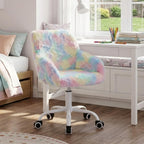 Ya-Home Kids Desk Chair Faux Fur Upholstered Swivel Reading Chair, Cute Adjustable Study Chair with White Wheels for Reading Room Bedroom, Rainbow Color