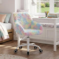 Ya-Home Kids Desk Chair Faux Fur Upholstered Swivel Reading Chair, Cute Adjustable Study Chair with White Wheels for Reading Room Bedroom, Rainbow Color