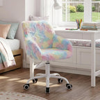 Ya-Home Kids Desk Chair Faux Fur Upholstered Swivel Reading Chair, Cute Adjustable Study Chair with White Wheels for Reading Room Bedroom, Rainbow Color