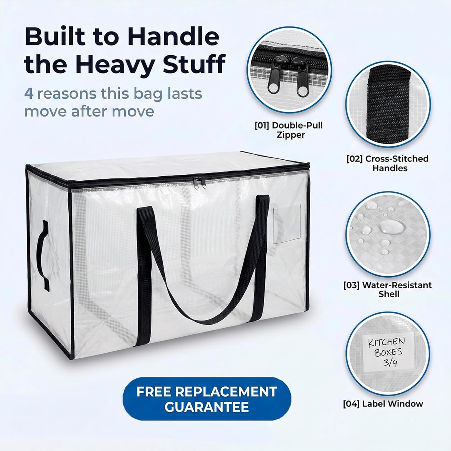 ClearSpace Oversized Moving Bags or Storage Bag – Large Moving Boxes with Backpack Straps, Zippers & Handles – Heavy-Duty Packing Bags for Moving, College Dorm, Christmas Decorations, 6 Pack