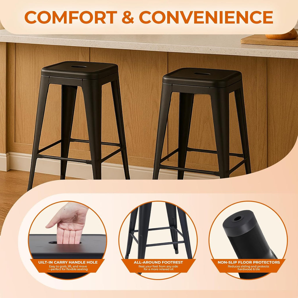Midnight Black Metal Bar Stools Set of 2, 24 Inch One-Piece Cold-Rolled Steel Counter Stools, Small Space Industrial Barstools, Easy Assembly Kitchen Island Chairs for Apartment & Cafe