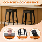 Midnight Black Metal Bar Stools Set of 2, 24 Inch One-Piece Cold-Rolled Steel Counter Stools, Small Space Industrial Barstools, Easy Assembly Kitchen Island Chairs for Apartment & Cafe