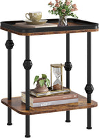 Farmhouse Rectangular Side Table with Storage Shelf,2 Tier End Table with Raised Edge Tray Top, Accent Sofa Table for Small Space, Living Room, Bedroom,Rustic Brown