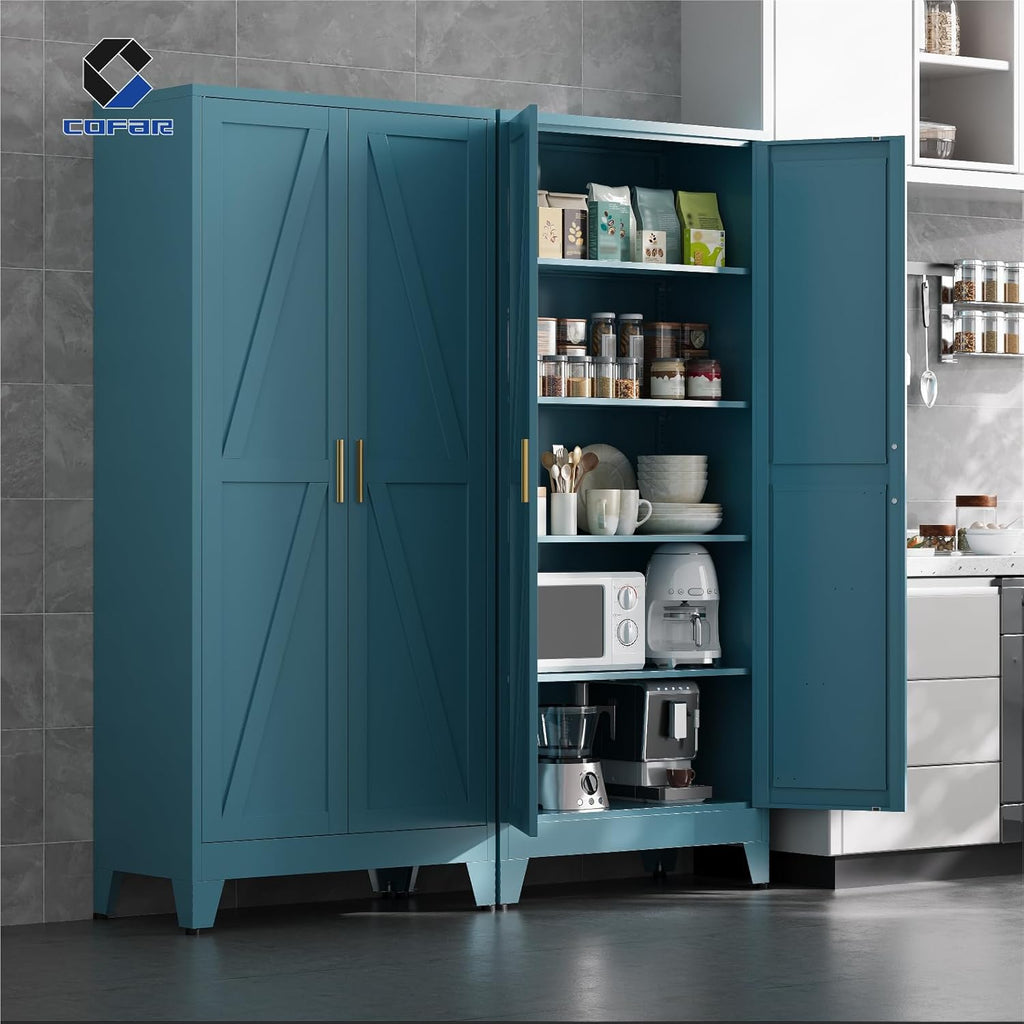 COFaR 71'' Tall Metal Storage Cabinet, Farmhouse Kitchen Pantry Cabinet with Doors and 4 Adjustable Shelves, Metal Pantry Storage Cabinets for Kitchen, Laundry, Peacock Blue 5-Tier