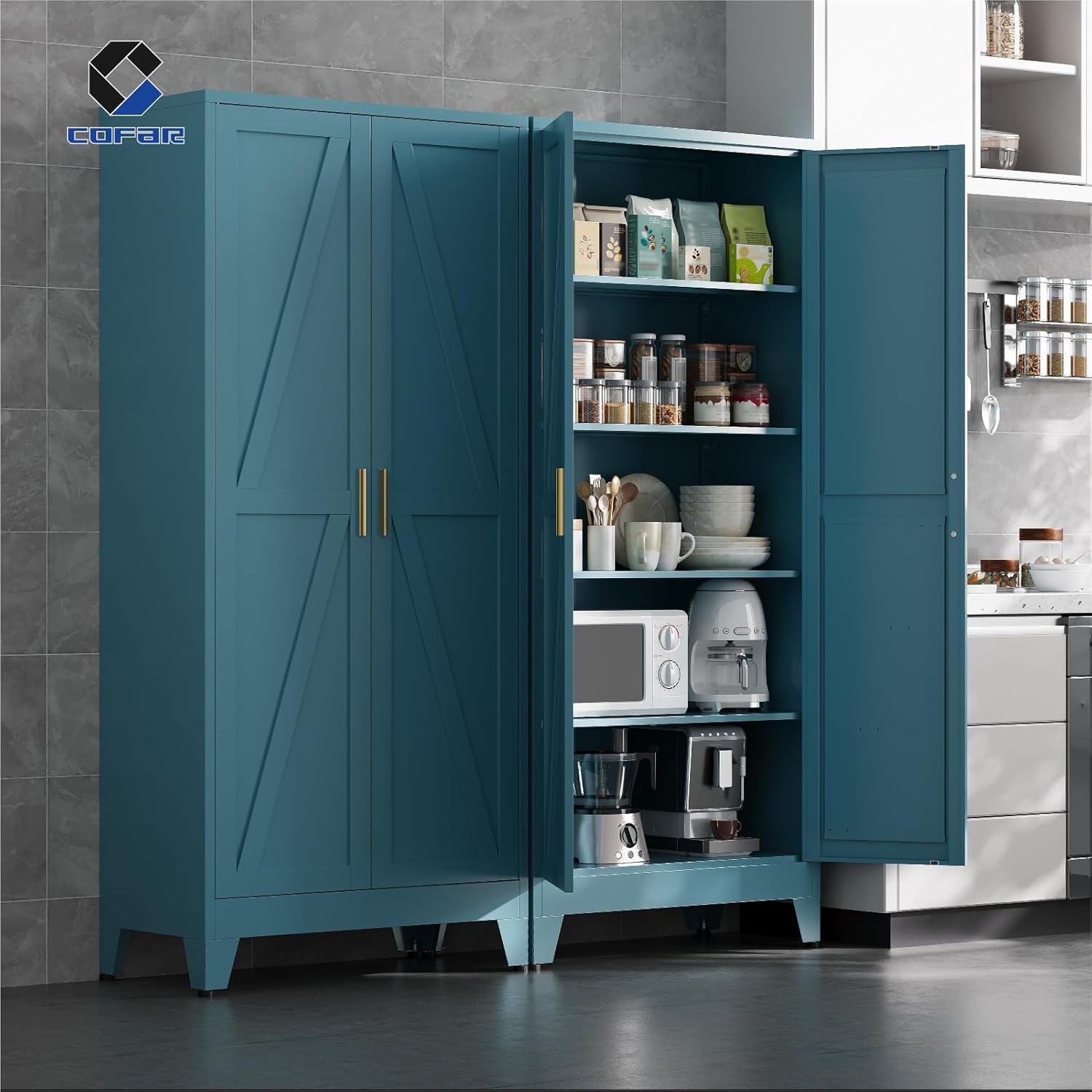COFaR 71'' Tall Metal Storage Cabinet, Farmhouse Kitchen Pantry Cabinet with Doors and 4 Adjustable Shelves, Metal Pantry Storage Cabinets for Kitchen, Laundry, Peacock Blue 5-Tier