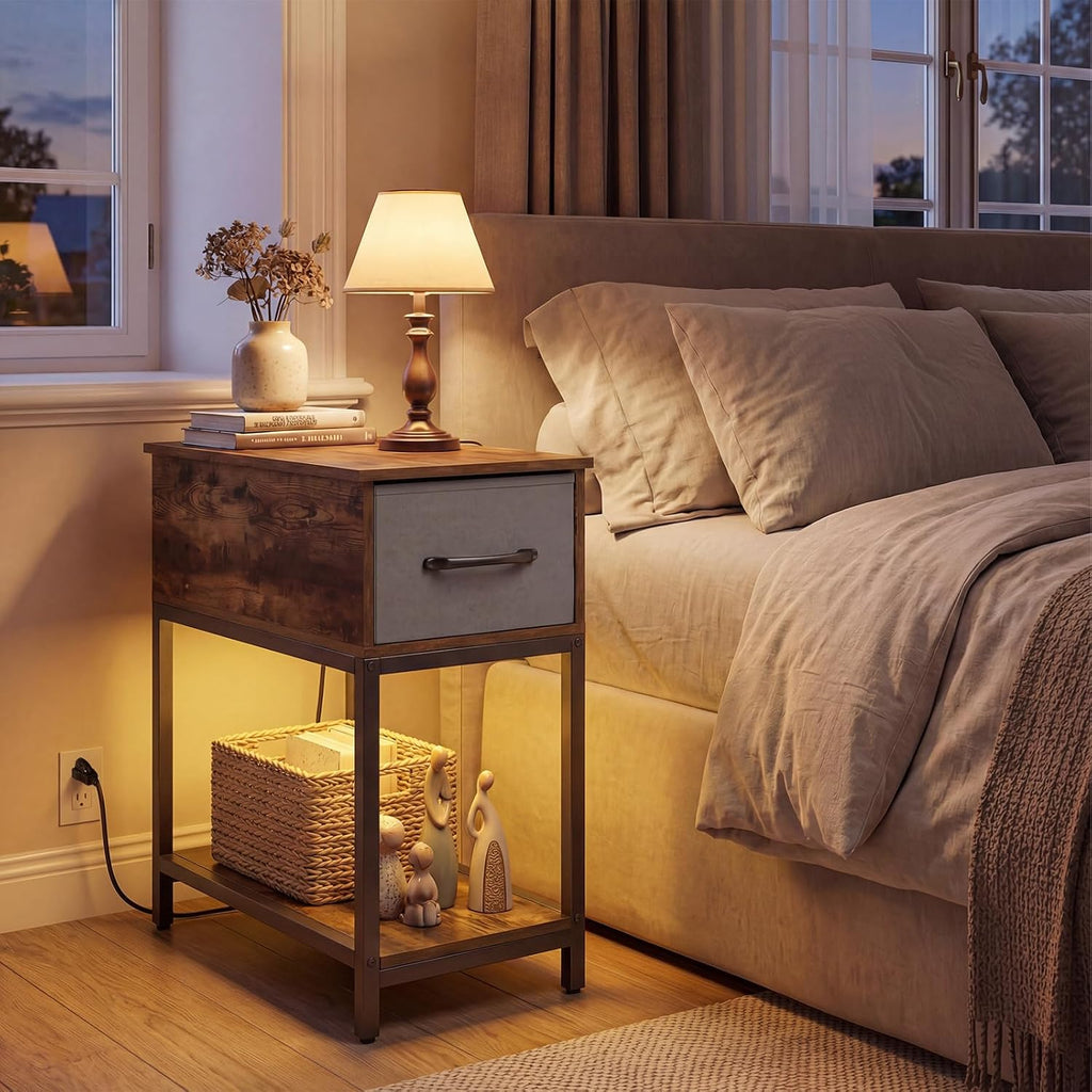 GOFLAME LED End Table with Hidden Charging Station, Narrow Compact Sofa Side Table with Storage Shelf & Fabric Drawer, Industrial Nightstand for Living Room, Bedroom, Rustic Brown (1)
