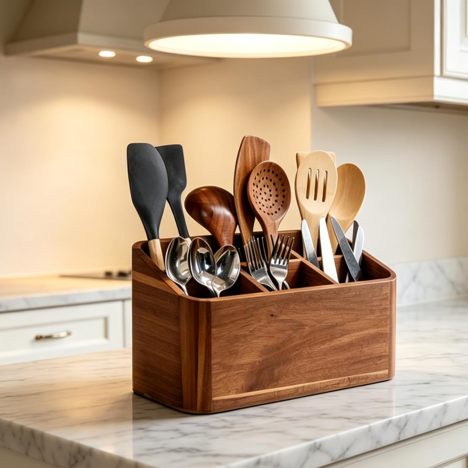 Wooden Kitchen Utensil Holder Organizer for Counter or Countertop, Large Wooden Utensil Holder for Storage Cooking and Silverware with 6 Compartment, Acacia Rustic Wood Container Extra Large
