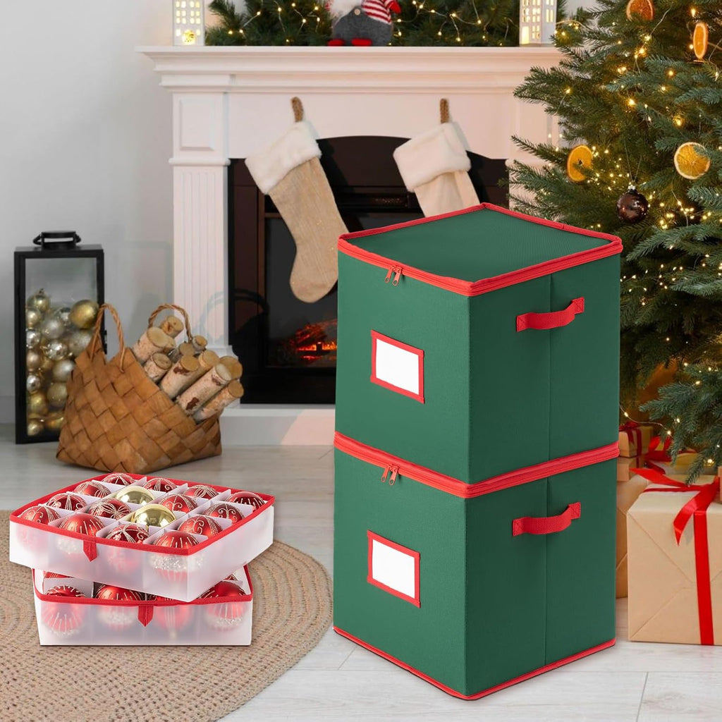 OIAHOMY 2 Pack Ornament Storage Box with Handle, Each Ornament Storage Holds 64 Balls, Christmas Decoration Box Include Plastic Trays and Zip-Lock Lid, Made of 600D Oxford Fabric - Green