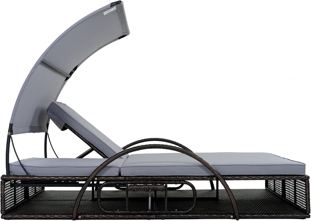Outdoor Sun Lounger with Adjustable Backrest,Canopy, Patio Double Sunbed with Hidden Side Table and Arched Armrests,Suitable for Pool Deck,Garden,Backyard (Gray+Canopy)