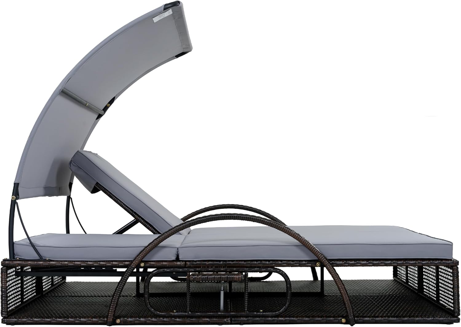 Outdoor Sun Lounger with Adjustable Backrest,Canopy, Patio Double Sunbed with Hidden Side Table and Arched Armrests,Suitable for Pool Deck,Garden,Backyard (Gray+Canopy)
