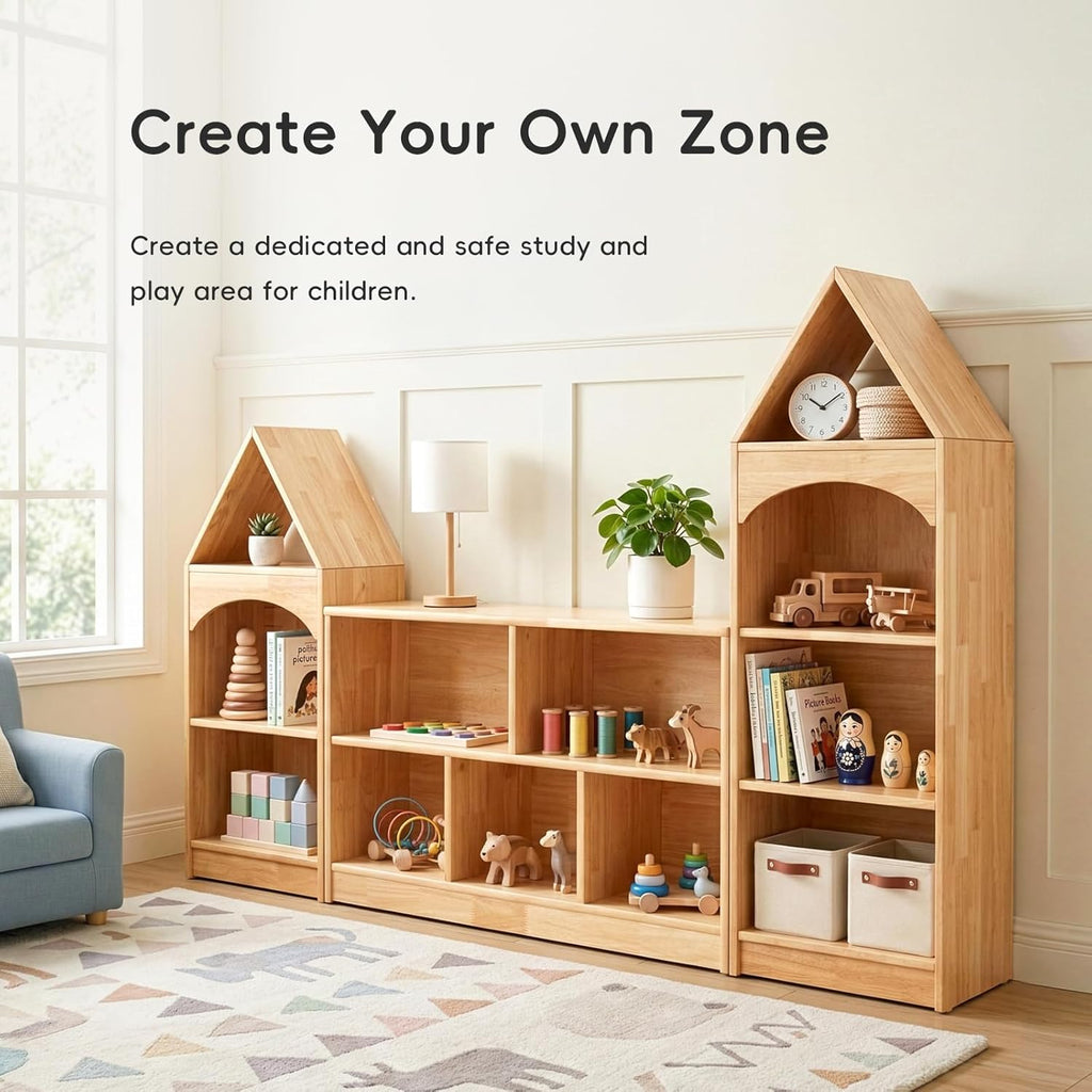 OOOK Rubberwood Montessori Shelf, 3-Tier Toy Organizers and Storage, Wood Corner Cabinet for Kids Room, Playroom, Nursery, Classroom, Kindergarten