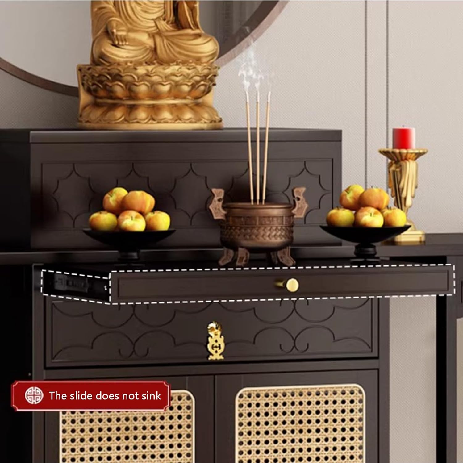 Chinese Shrine Altar Table with Storage, Bamboo Buddha Buddhist Altar Cabinet, Offering Meditation Table with Plastic Rattan Door, for Living Room, Temples(Black,100cm/39.3in)