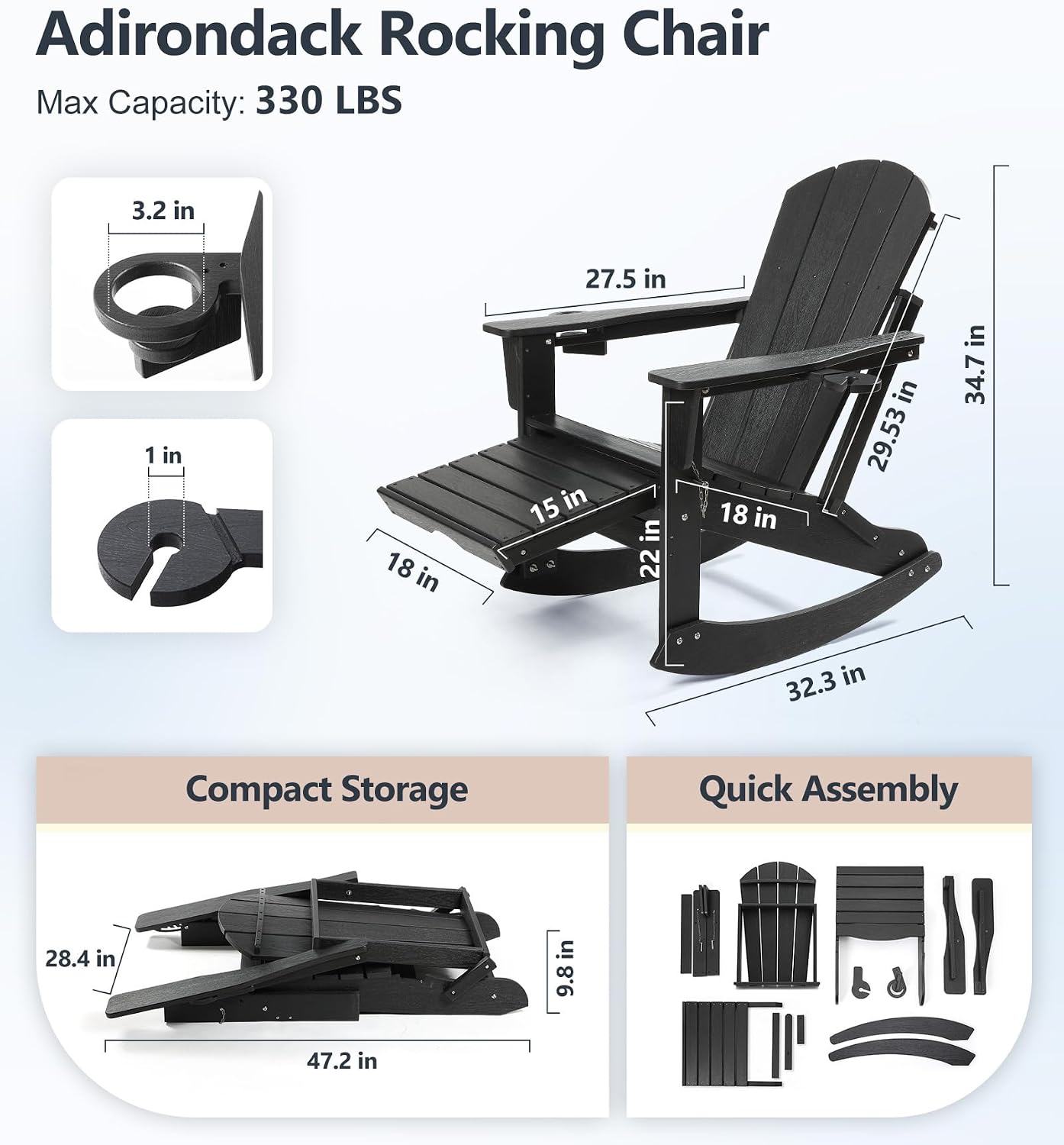 PASAMIC Adirondack Rocking Chairs Set of 2, Foldable All-Weather HDPE Patio Rockers with Retractable Ottoman & Cup Holder, Outdoor Chairs for Porch Backyard Pool Garden Balcony, Jet Black