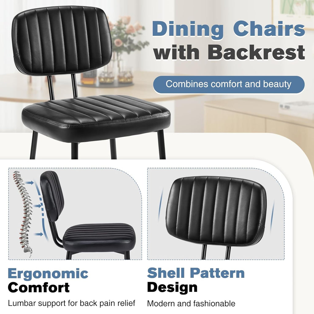 DUMOS Dining Chairs Set of 2, Upholstered Mid-Century PU Leather Accent Chair with Backrest and Metal Legs for Kitchen, Dining Room, Living Room, Black