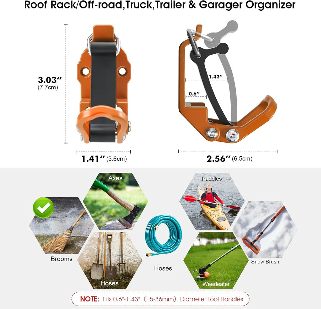 2 Pack Shovel Holder Wall Mount for Truck & Trailer, Adjustable Rubber-Coated Clamp for Shovel, Broom & Rake,Axe (0.6"–1.43"), Tool Holder for Overlanding, Off-Road, Work Truck & Garage,Red