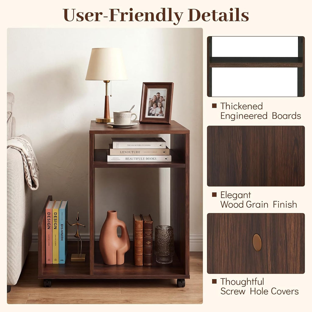 Giantex Rolling End Table with Storage, 3-Tier Mobile Sofa Couch Side Table w/Magazine Rack & Open Storage Shelves & Lockable Wheels, Farmhouse Night Stand for Bedroom Living Room, Espresso