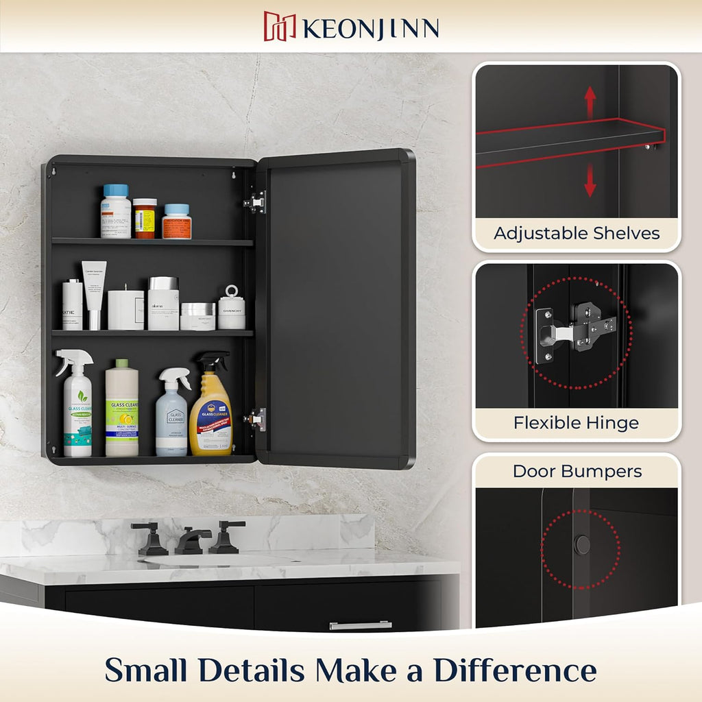 Keonjinn Black Medicine Cabinet 16 x 24 Inch, Bathroom Medicine Cabinet with Mirror, Heavy & Solid Stainless Steel Framed, Adjustable Shelves, Recessed or Wall Mount, Bathroom Mirror with Storage