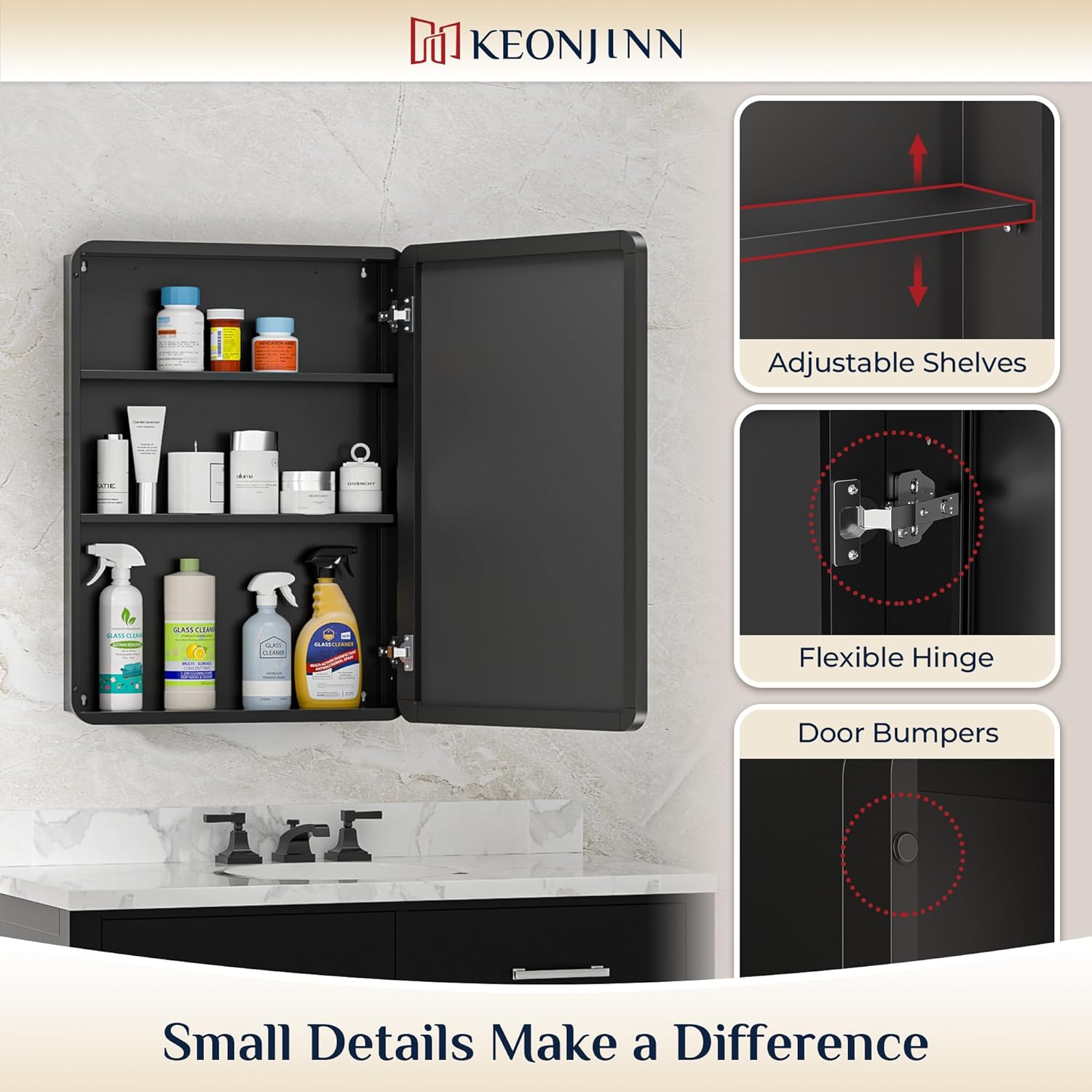 Keonjinn Black Medicine Cabinet 16 x 24 Inch, Bathroom Medicine Cabinet with Mirror, Heavy & Solid Stainless Steel Framed, Adjustable Shelves, Recessed or Wall Mount, Bathroom Mirror with Storage