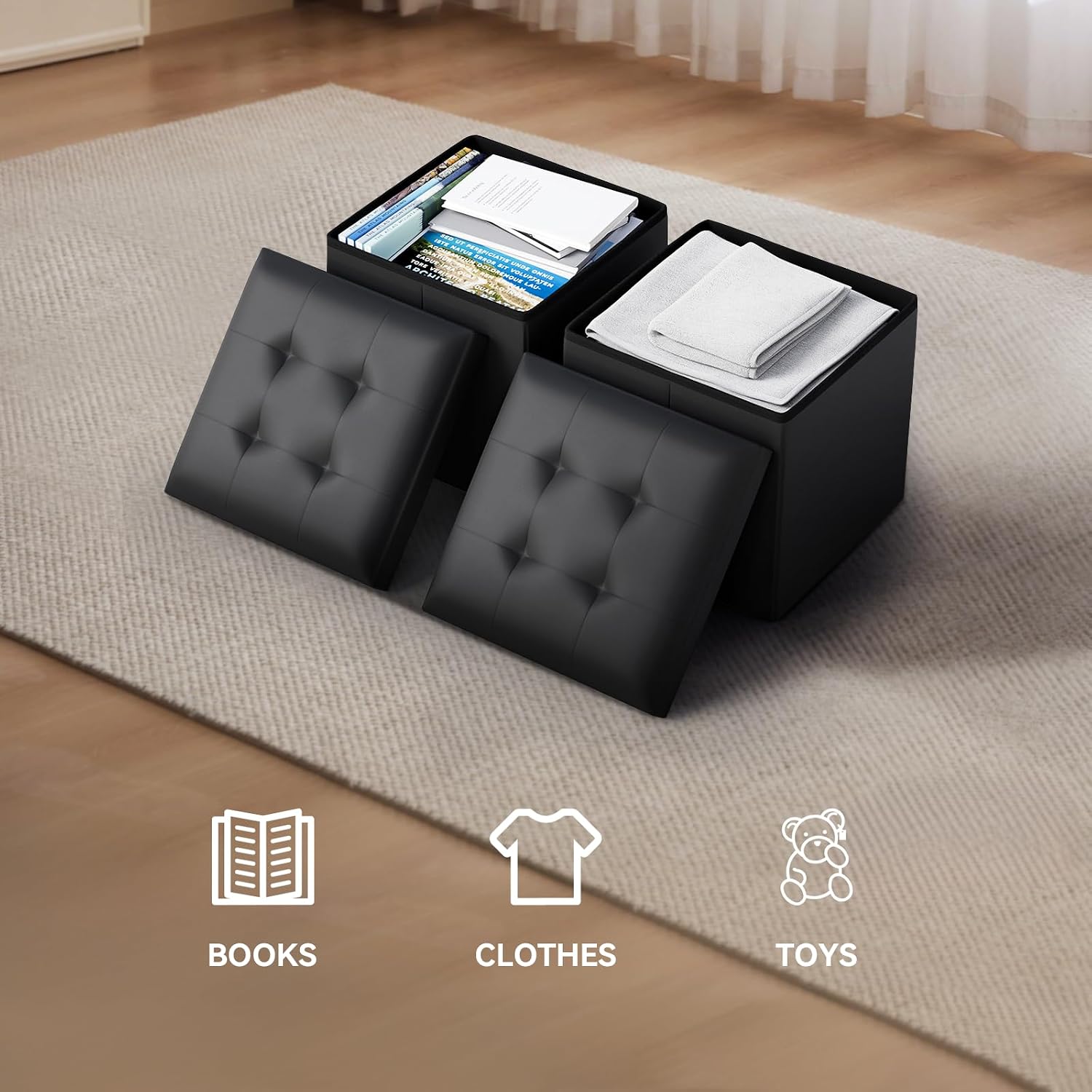 Storage Ottoman Bench, 15 Inch Ottoman Foot Rest, End of Bed Bench, Storage Chest for Living Room, Bedroom, Entryway, Black