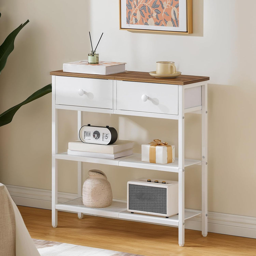 HOOBRO 29.5" Narrow Console Table with 2 Fabric Drawers, Sofa Table, Small Entryway Table with 3-Tier Storage Shelves, Behind Couch Table, for Living Room, Hallway, Walnut and White WH72XG01