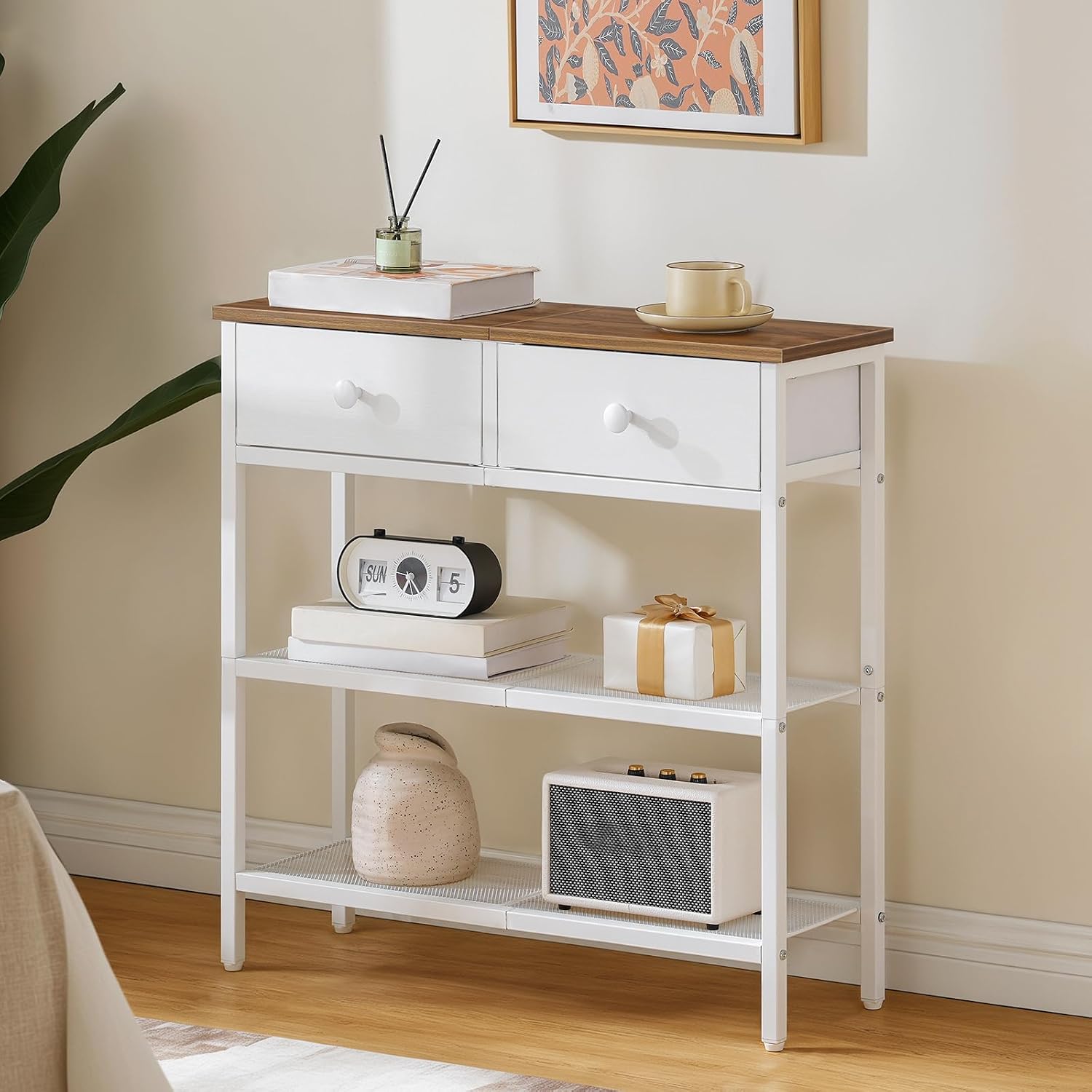 HOOBRO 29.5" Narrow Console Table with 2 Fabric Drawers, Sofa Table, Small Entryway Table with 3-Tier Storage Shelves, Behind Couch Table, for Living Room, Hallway, Walnut and White WH72XG01