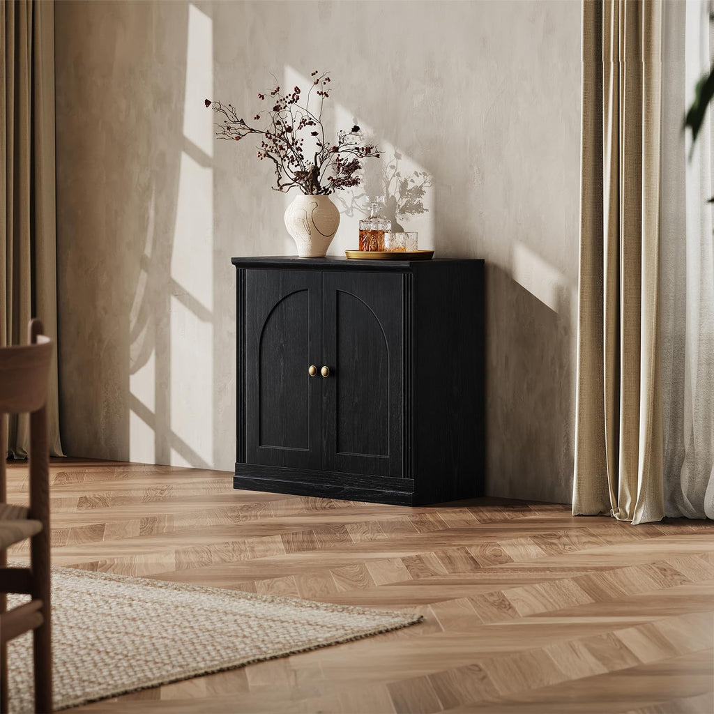 CHIC HOUSE Monos Storage Cabinet with Doors & Shelves, Modular Fluted Accent Arched Cabinet, Sideboard Buffet Coffee Bar Kitchen Pantry Cabinet, Media Console Credenza for Living Room, Black