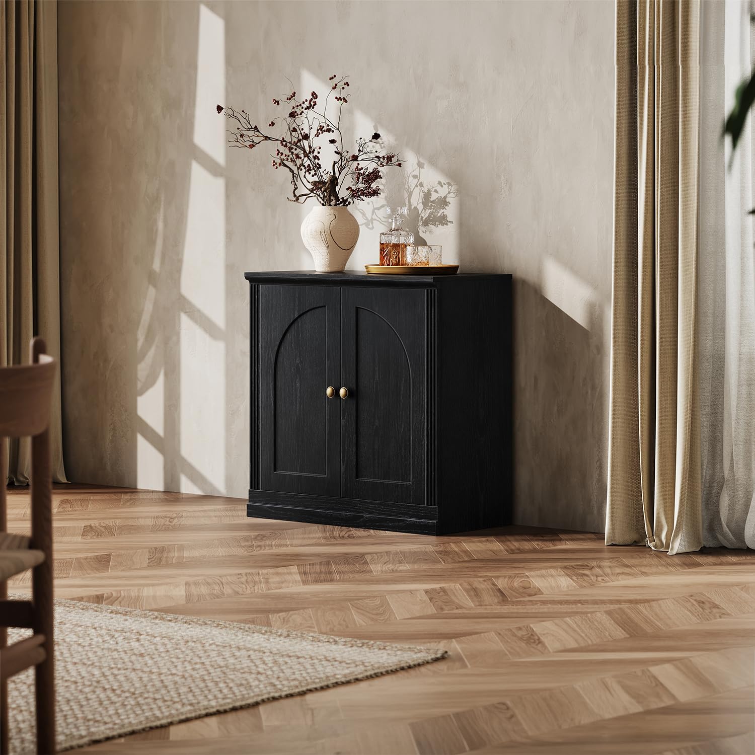 CHIC HOUSE Monos Storage Cabinet with Doors & Shelves, Modular Fluted Accent Arched Cabinet, Sideboard Buffet Coffee Bar Kitchen Pantry Cabinet, Media Console Credenza for Living Room, Black