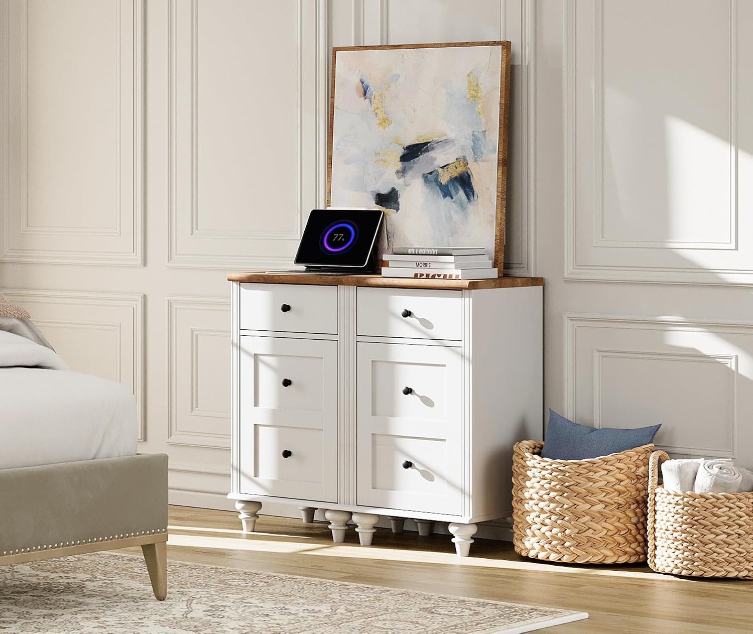 WAMPAT White End Table with Charging Station, Nightstand with Power Outlets & USB Ports, Modern Side Table with Drawer and Storage Cabinet for Bedroom (2PCS)
