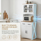 Wooden-Style Microwave Stand with Storage, Glass Door Cabinet with Drawers for Kitchen, Pantry Cabinet with Adjustable Shelves, Lower Louvered Doors, Buffet Hutch for Dining Room & Living Room(White)