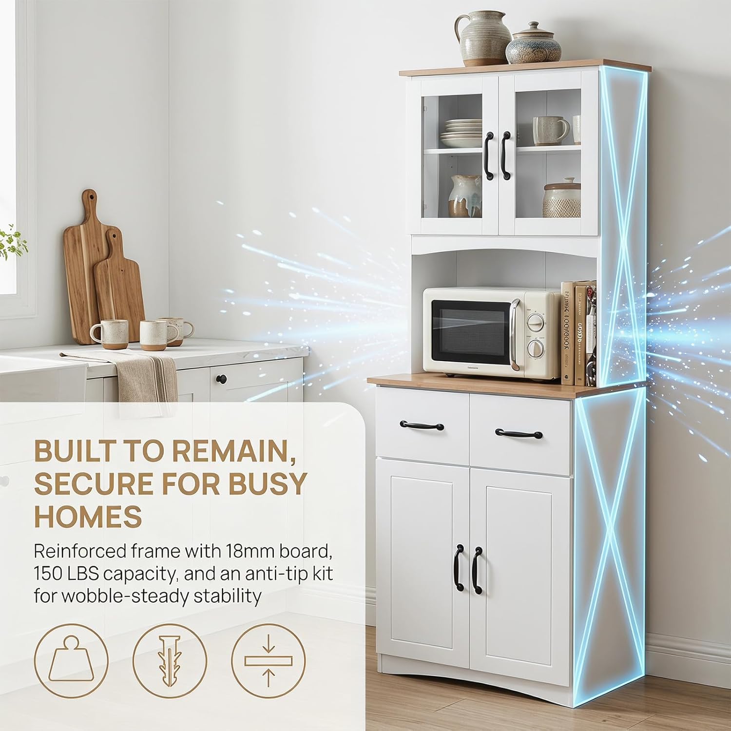 Wooden-Style Microwave Stand with Storage, Glass Door Cabinet with Drawers for Kitchen, Pantry Cabinet with Adjustable Shelves, Lower Louvered Doors, Buffet Hutch for Dining Room & Living Room(White)