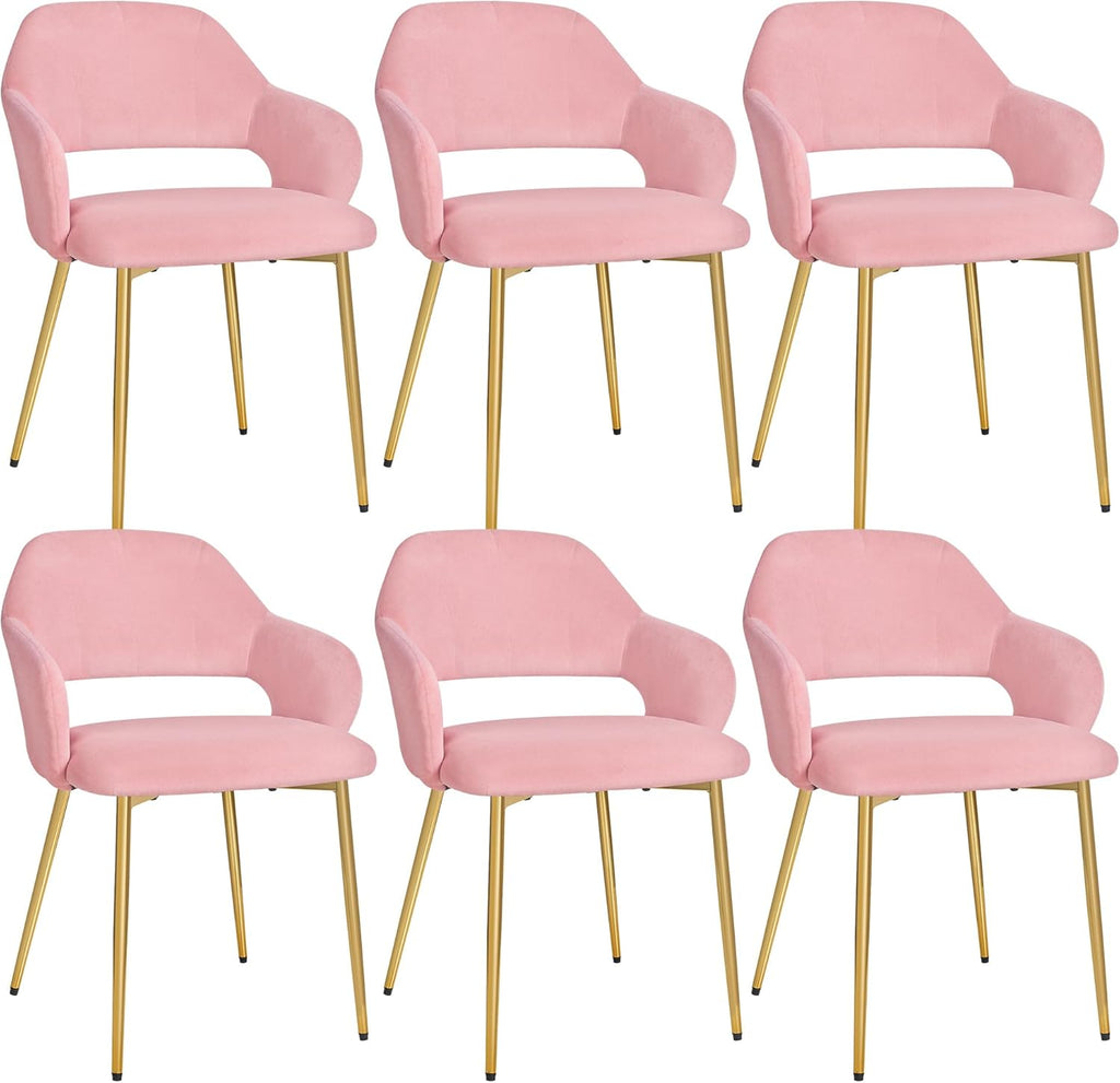 VECELO Velvet Dining Chairs Set of 6, Modern Upholstered Kitchen Chairs with Cushion, Padded Backrest and Metal Legs, Pink