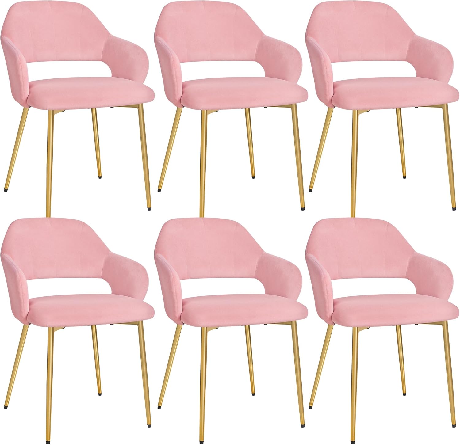 VECELO Velvet Dining Chairs Set of 6, Modern Upholstered Kitchen Chairs with Cushion, Padded Backrest and Metal Legs, Pink