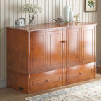 Mjkone Murphy Bed Cabinet Queen with Tri-fold Mattress, Murphy Chest Bed with Built-in Charging Station & 2 Storage Drawers, Cabinet Beds Cube Chest Beds for Guest Room, Cherry