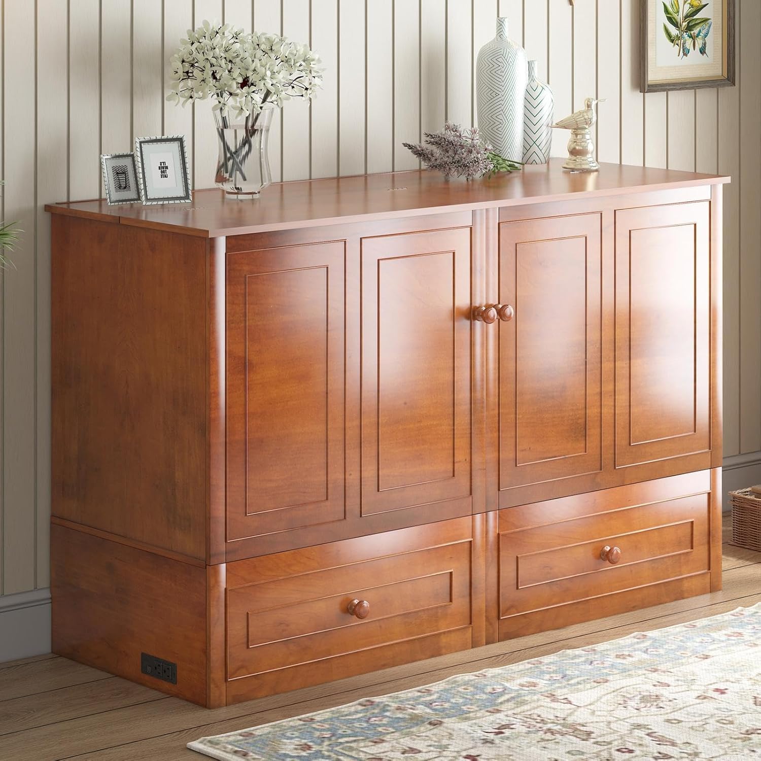Mjkone Murphy Bed Cabinet Queen with Tri-fold Mattress, Murphy Chest Bed with Built-in Charging Station & 2 Storage Drawers, Cabinet Beds Cube Chest Beds for Guest Room, Cherry