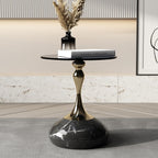 Lartis 10mm Gray Tempered Glass Side Table with Marble-Finish Base & Nano-Coated Pole - Weighted Accent Table for Living Room, Bedroom, Balcony (Gold/Black)
