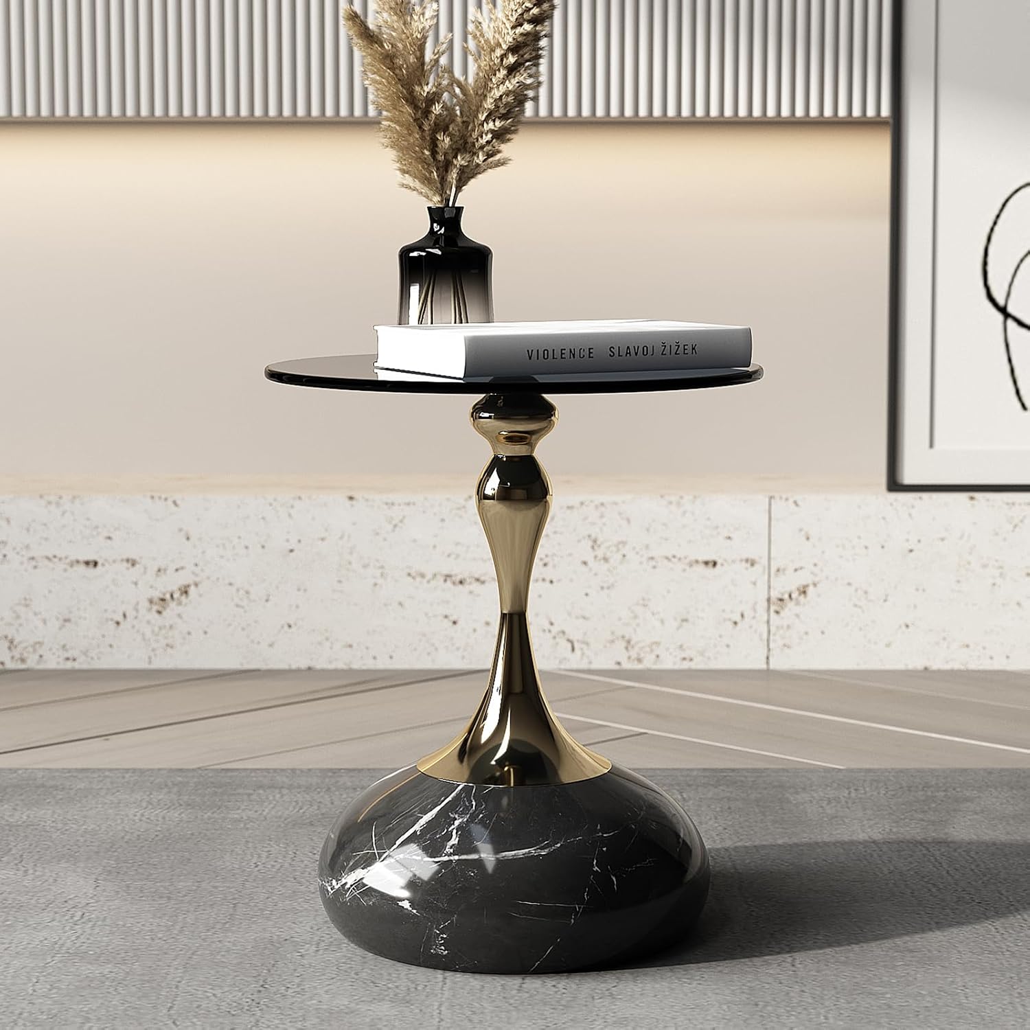 Lartis 10mm Gray Tempered Glass Side Table with Marble-Finish Base & Nano-Coated Pole - Weighted Accent Table for Living Room, Bedroom, Balcony (Gold/Black)