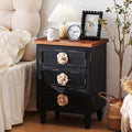 American Country Retro Style Side Table Cabinet, Classic Solid Wood Bedroom Bedside Table, Equipped with Three Drawers, Handcrafted Floral Handles (Antique Black+Walnut)