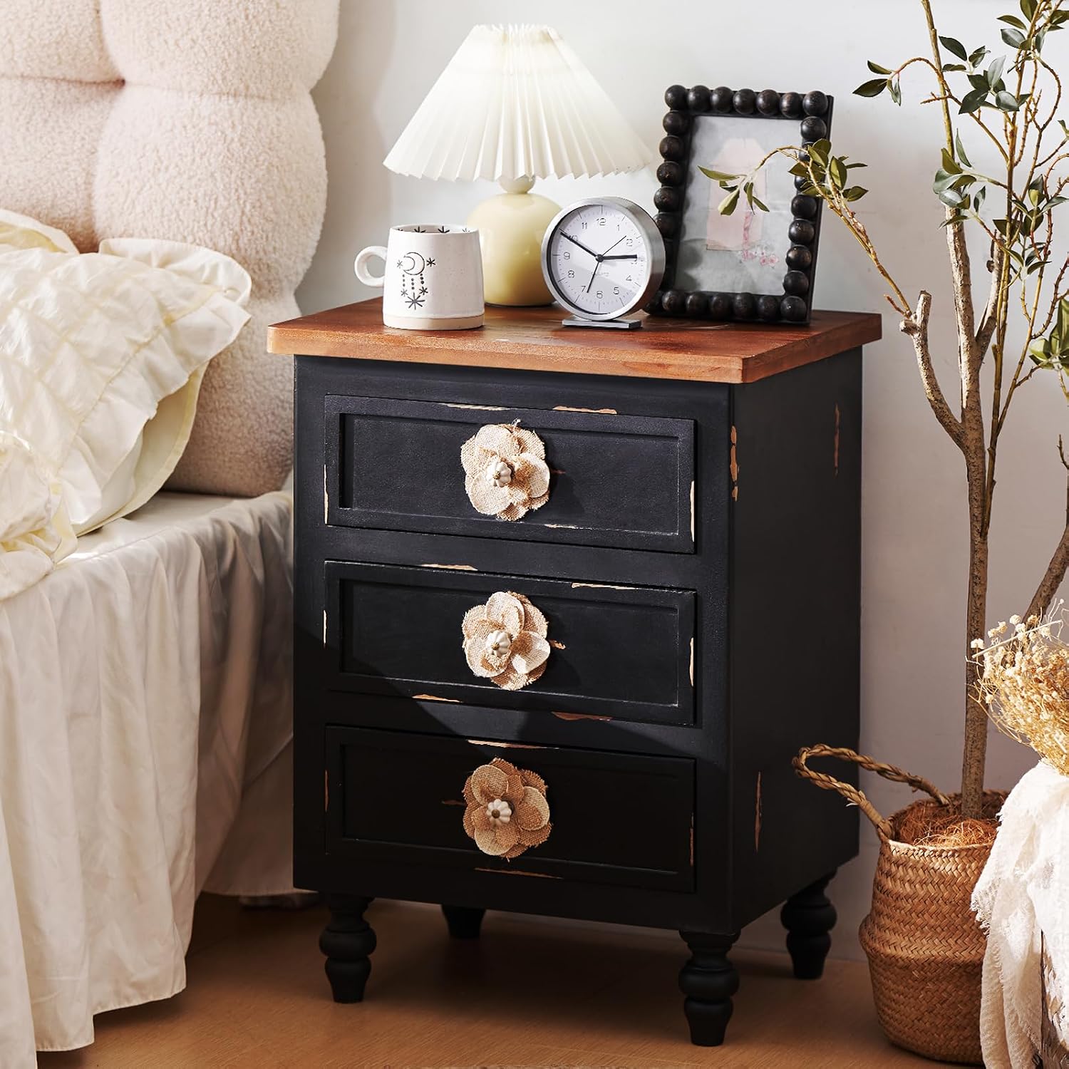 American Country Retro Style Side Table Cabinet, Classic Solid Wood Bedroom Bedside Table, Equipped with Three Drawers, Handcrafted Floral Handles (Antique Black+Walnut)