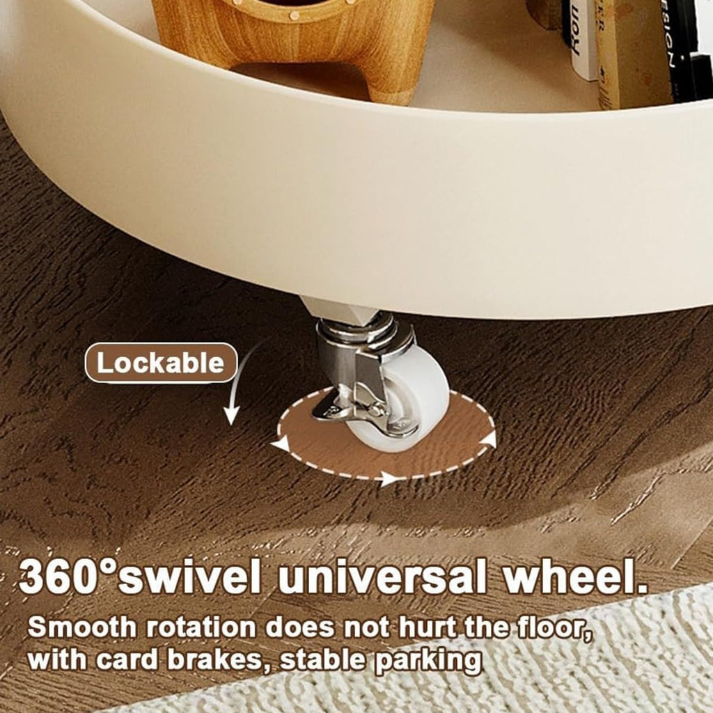 C Shaped End Table, 360°Swivel TV Tray Table with Wheels, Side Table with Storage TV Tables for Eating, Dinner, C Shaped End Tables Living Room, Bedroom for Sofa, Couch, Snack (White)