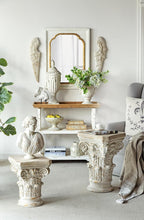 Small Side Table for Living Room, Farmhouse Rustic French Country MGO Pedestal Stand Ornate with Scrollwork Design and Gold Accents, Square Distressed Display Stand White 16x16x24.5