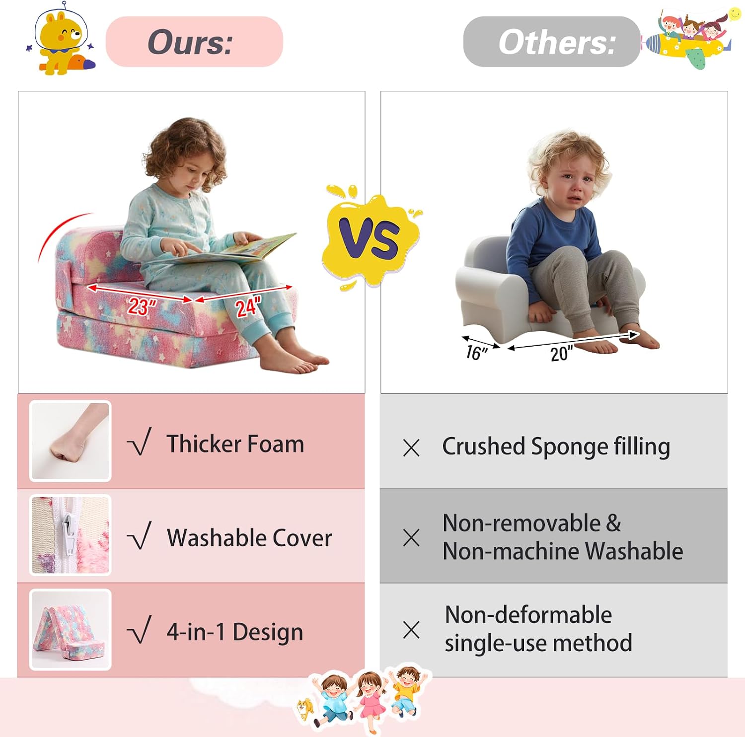 Tiita Folding Sofa Bed for Kids, Toddler Fold Out Couch Bed with Removable Cover, Kids Futon Sleeper Chair Folding Beds Mattress for Children Room, Living Room, Guest Room,Colorful