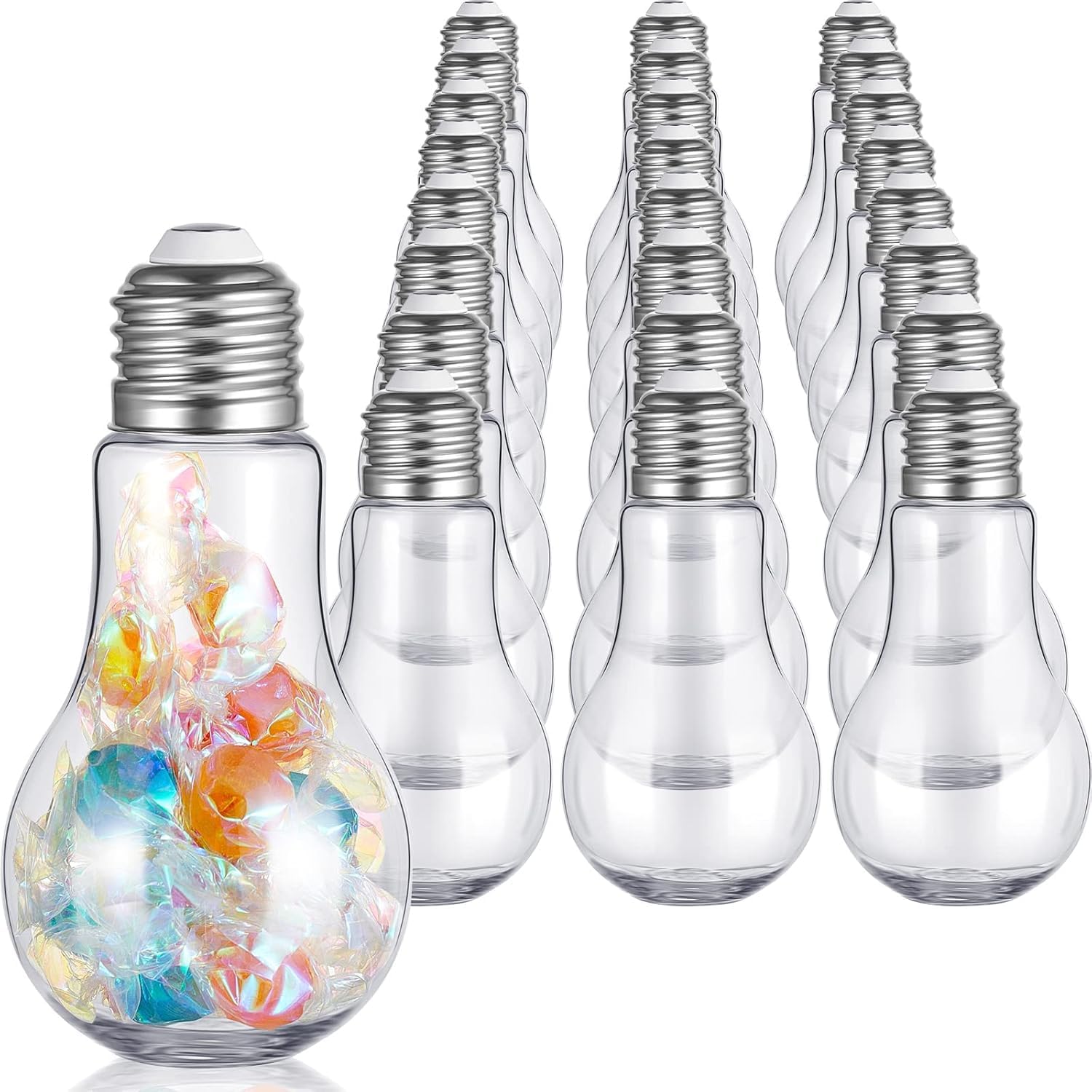 Tessco for you 36 Pcs 6.8 oz/ 200 ml Plastic Light Bulb Jars Clear Plastic Candy Jars Bulb Vase Christmas Ornament Storage Container with Lid Fillable Ornament for Candy DIY Craft Hanging(Silver)