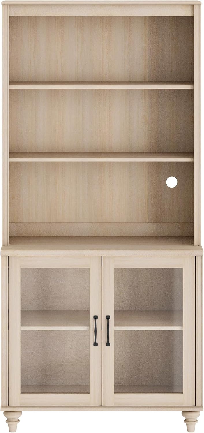 WAMPAT 72'' Tall Kitchen Pantry Cabinet with Storage, 34'' Wide Dining Hutch with Glass Doors and Adjustable Shleves, Farmhouse Pantry Storage for Home Decor, Living Room, Home Office, Light Oak