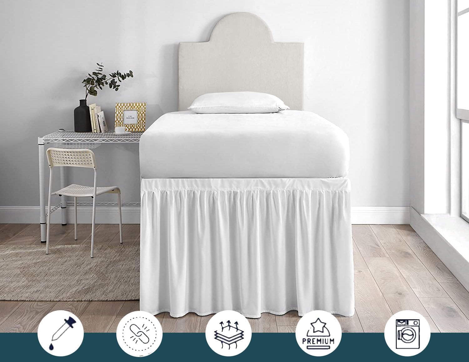 SKY BEDDINGS Dorm Room Bed Skirt - College Dorm Bed Skirt - Twin XL, Extra Long - 32 Inch Drop - 100% Microfiber - White