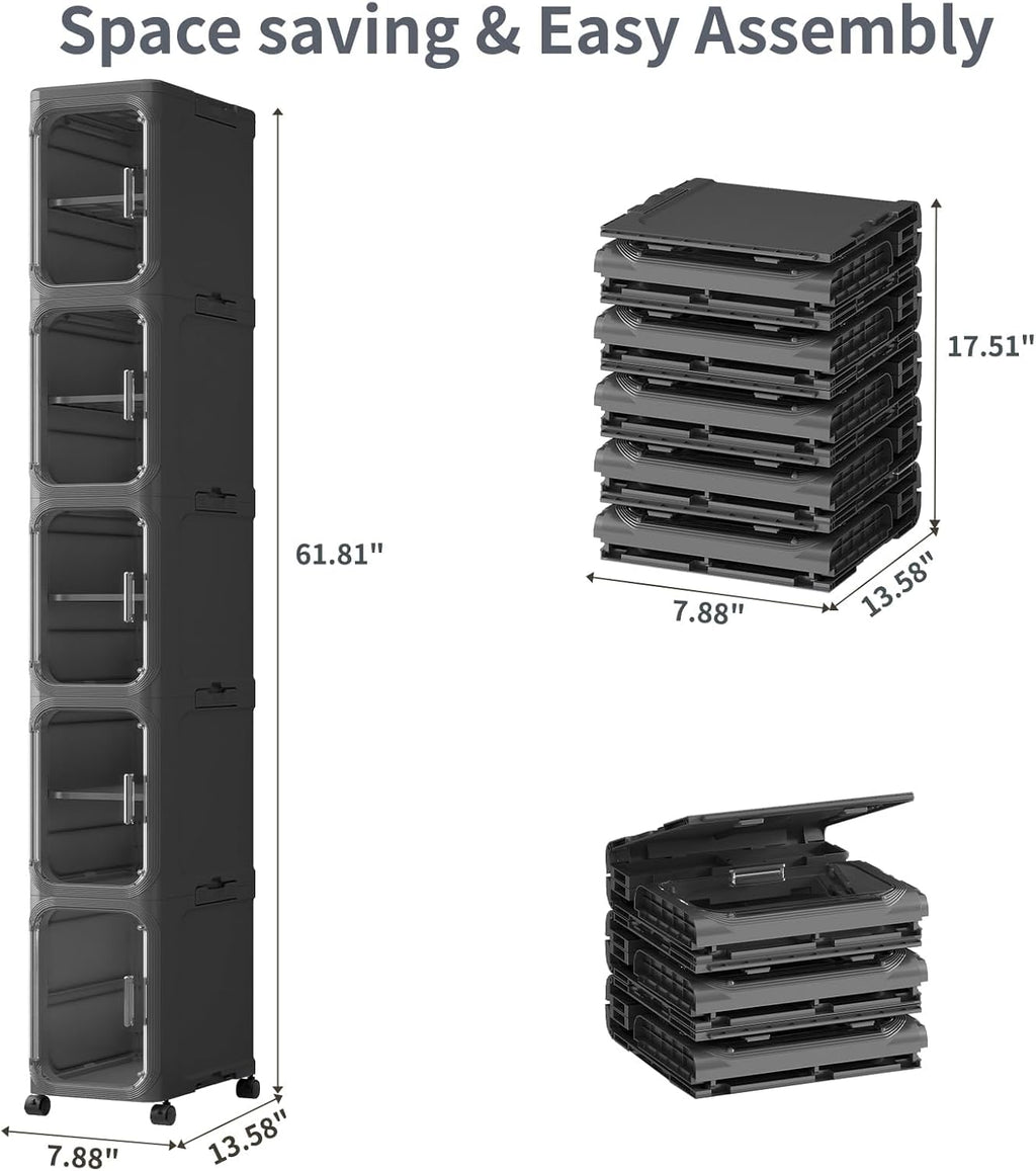 5 Tier Slim Bathroom Storage Cabinet, Foldable and Movable, Black | Tools Free, ABS and PET, Magnetic Clear Door, Adjustable Shelves, Lockable Wheels, Water Resistant, For Narrow Space