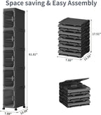 5 Tier Slim Bathroom Storage Cabinet, Foldable and Movable, Black | Tools Free, ABS and PET, Magnetic Clear Door, Adjustable Shelves, Lockable Wheels, Water Resistant, For Narrow Space