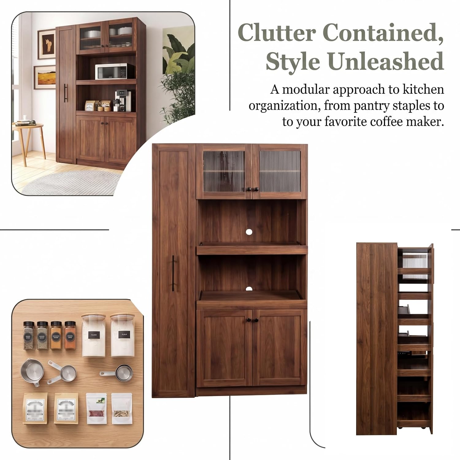 70.87" H Walnut Farmhouse Kitchen Pantry Cabinet, 4-Door Pull-Out Multi-Tier Storage Shelf, Pantry Organizer for Kitchen Dining Room