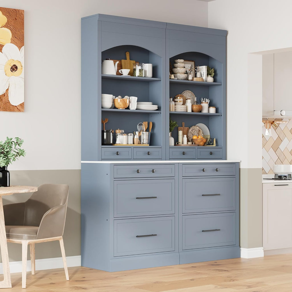 LUMISOL 83.7” Kitchen Pantry, Freestanding Tall Kitchen Hutch with Faux Marble Top, Cupboard Cabinet with 5 Drawers and Adjustable Shelf, Storage Cabinet for Kitchen Dining Room, Set of 2, Gray