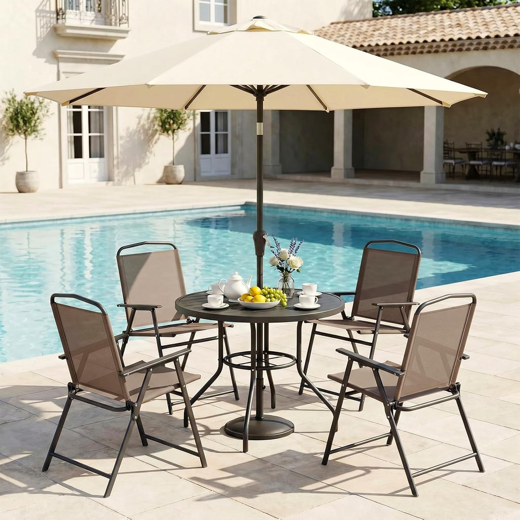 TLSUNNY Patio Folding Chairs Set of 2, Portable Dining Lawn Chairs, Outdoor Folded Furniture W/Breathable Textilene & Steel Frame, Armrests & Crossbar, All Weather for Pool, Camping (2, Brown)