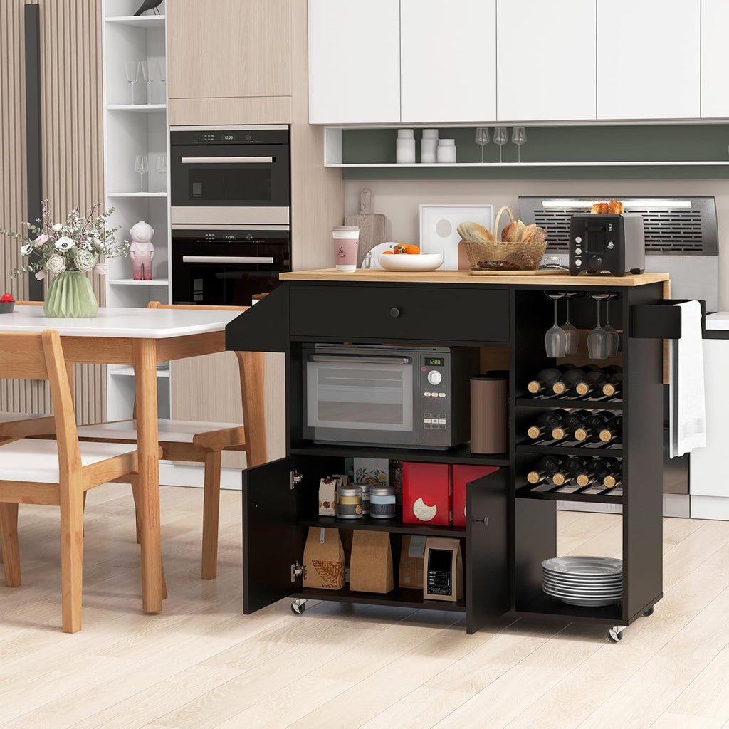TANGZON Kitchen Island on Wheels, Rolling Kitchen Storage Trolley with Drop Leaf Worktop, Drawer, Wine Rack, Glass Holder, Open & Adjustable Shelf, Utility Bar Serving Cart Sideboard (Black)